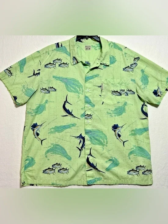 VTG Columbia PFG Men's Marlin Button Up Short Sleeve Fishing Lime Green Shirt XL - Picture 1 of 14